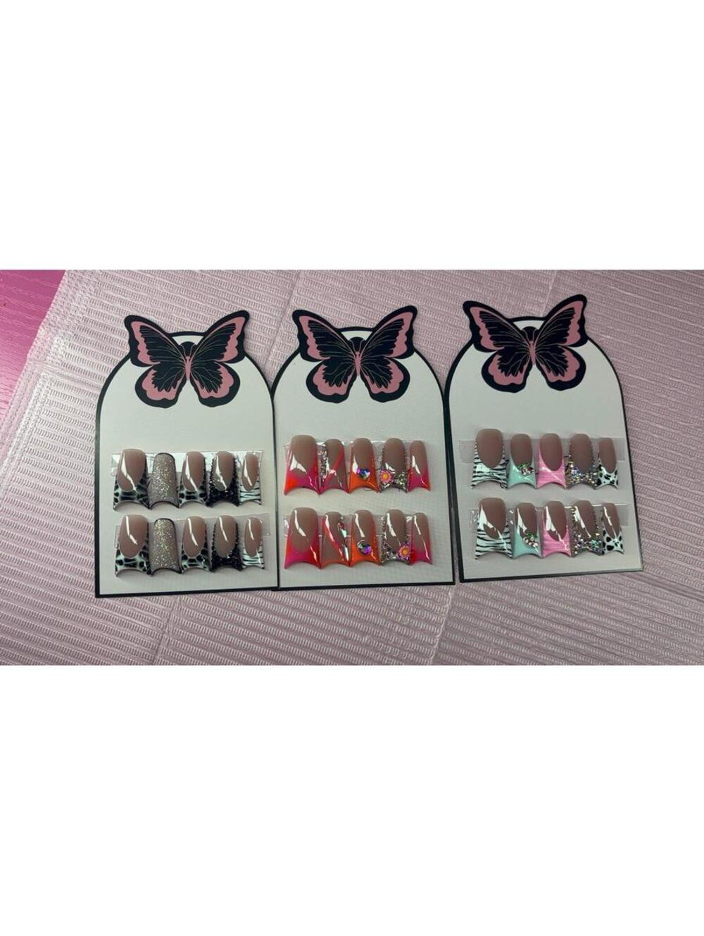 Long duck flared Press on nails rhinestones French tips animal print nail charms